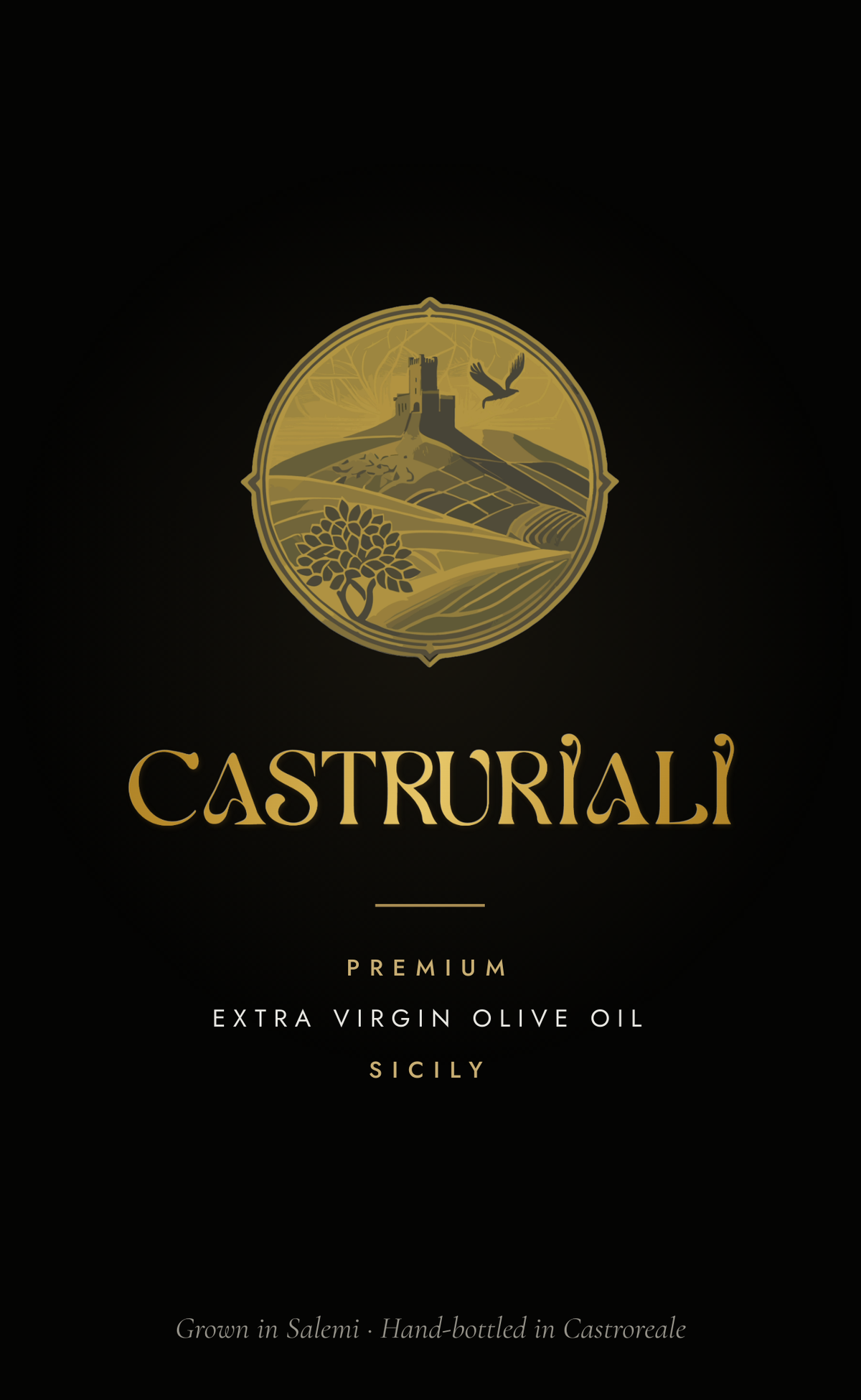 Cover: the Castruriali crest and wordmark — Premium extra virgin olive oil, Sicily. Grown in Salemi, hand-bottled in Castroreale.