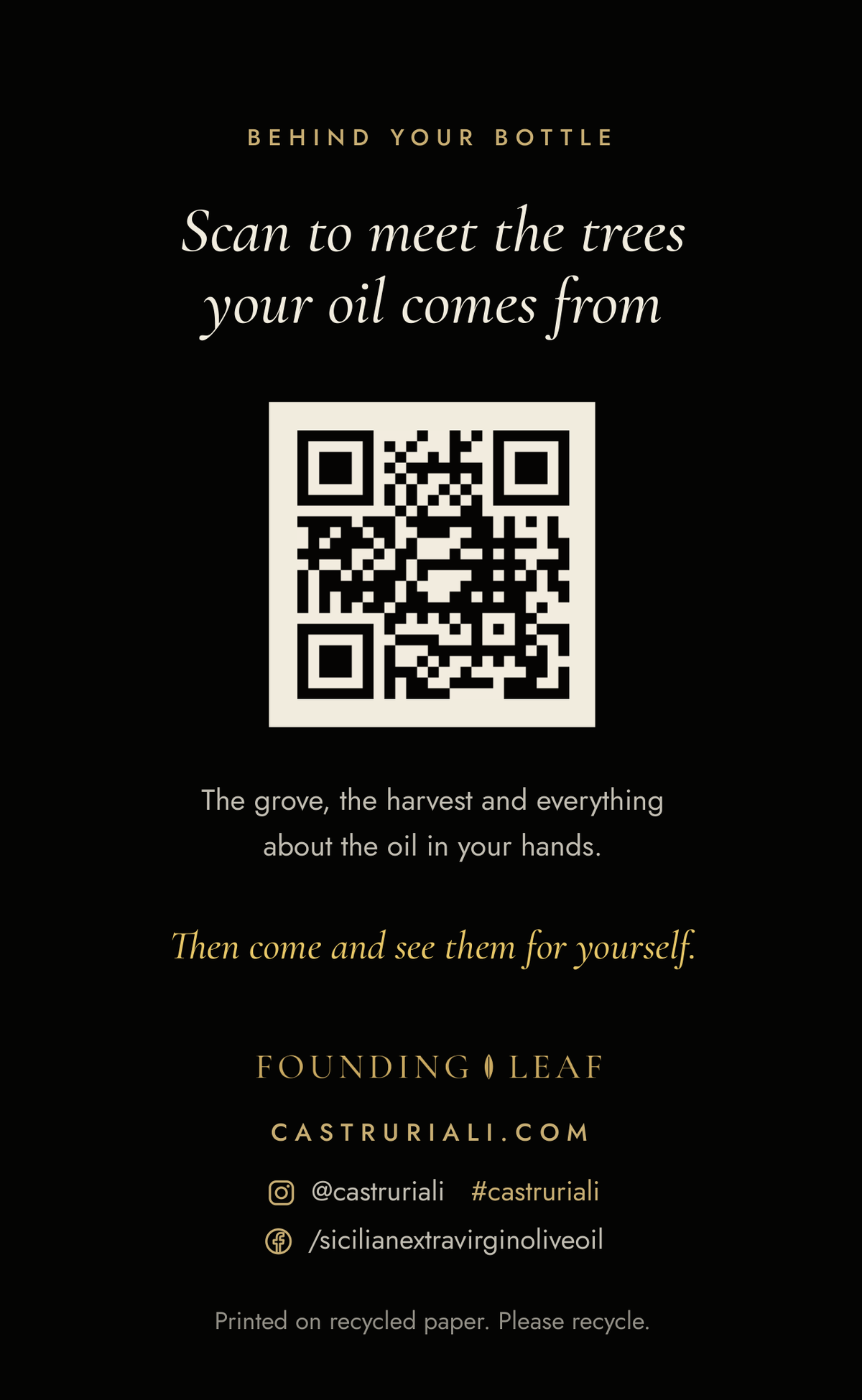 Behind your bottle: a QR code to meet the trees your oil comes from, with castruriali.com and social links.
