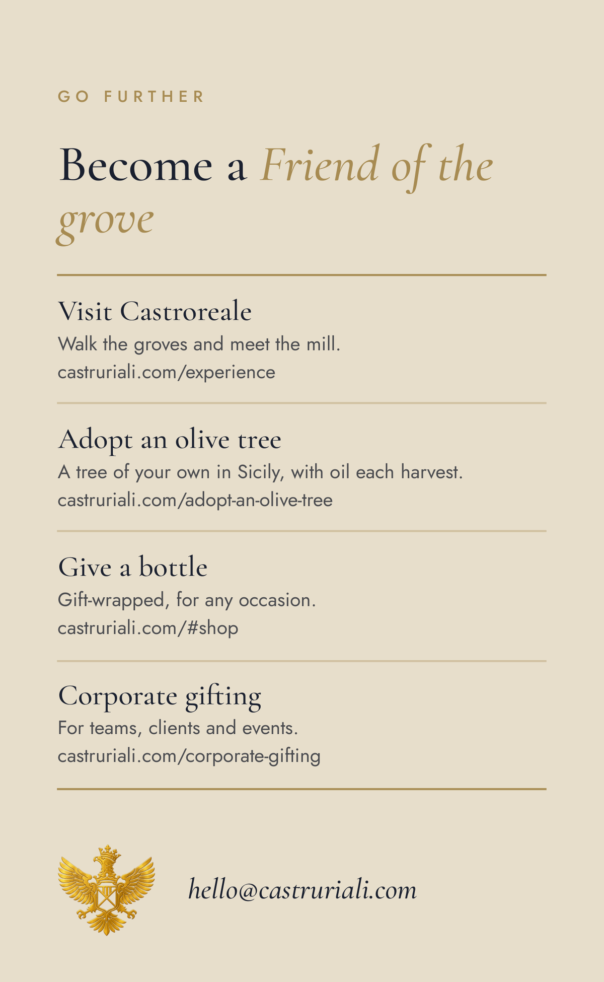 Go further: visit Castroreale, adopt an olive tree, give a bottle and corporate gifting.