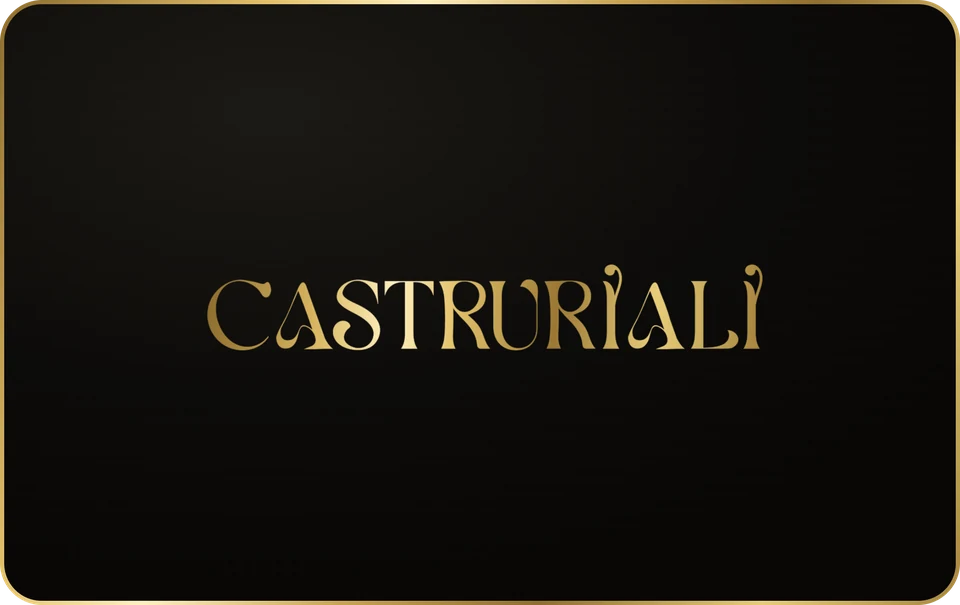 The Castruriali gift card: black with the Castruriali wordmark in gold