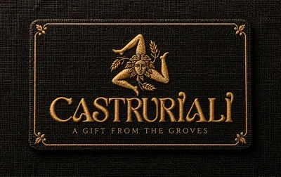 The Castruriali gift card, embroidered in gold with the Sicilian trinacria