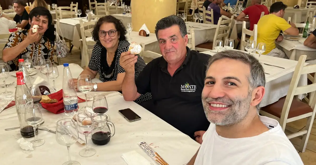 Maria Concetta and Francesco Monte at lunch with the Castruriali team in Salemi
