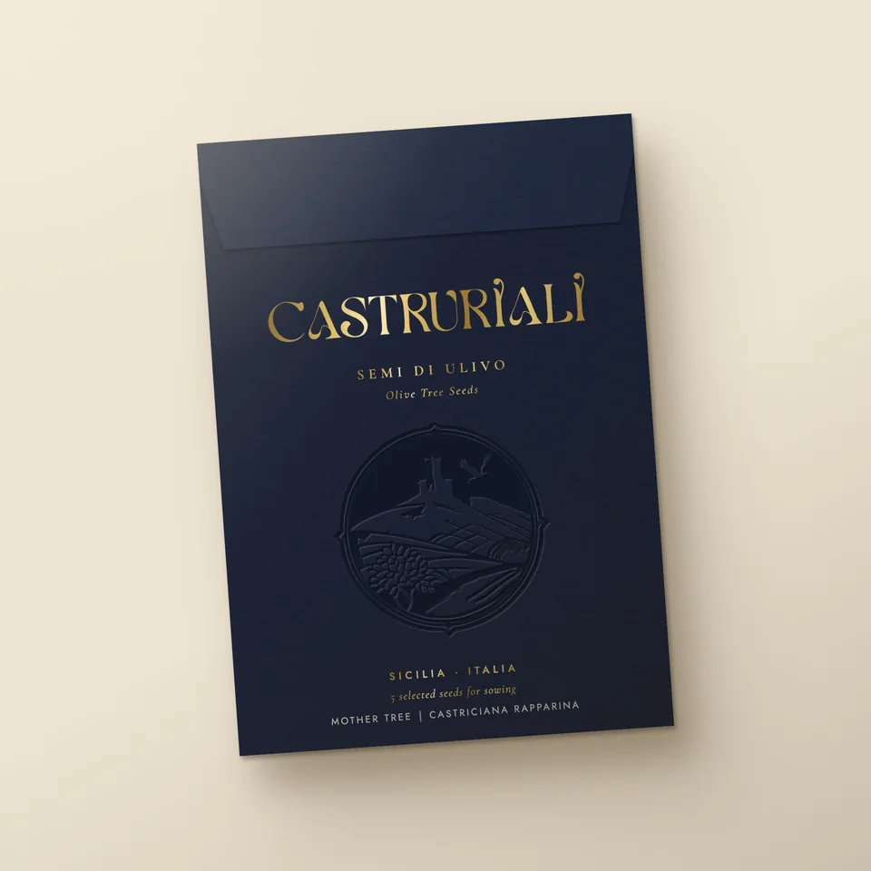 Castruriali olive tree seed envelope in midnight navy with gold foil wordmark and debossed Castroreale crest, on pale limestone
