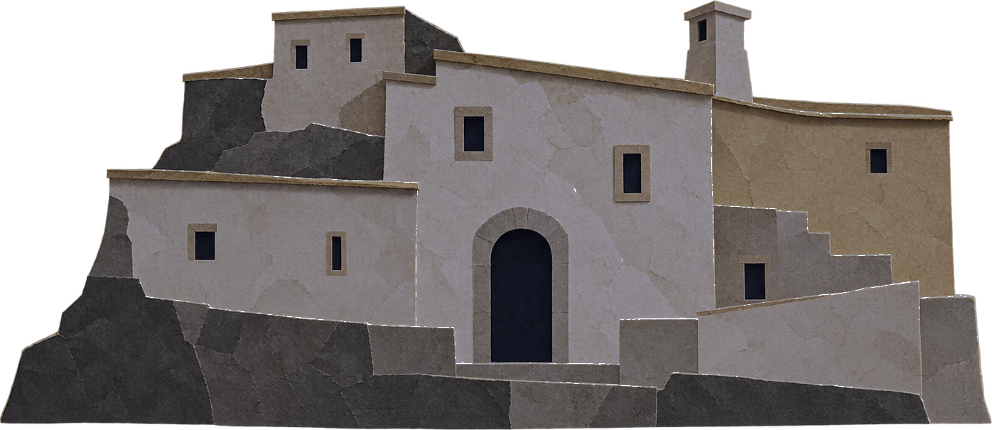A cluster of stone houses in Castroreale at night